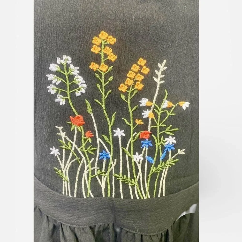 Black Embroidered Apron Midi Dress | Cottagecore Folk Floral | Size L - Picture 6 of 8